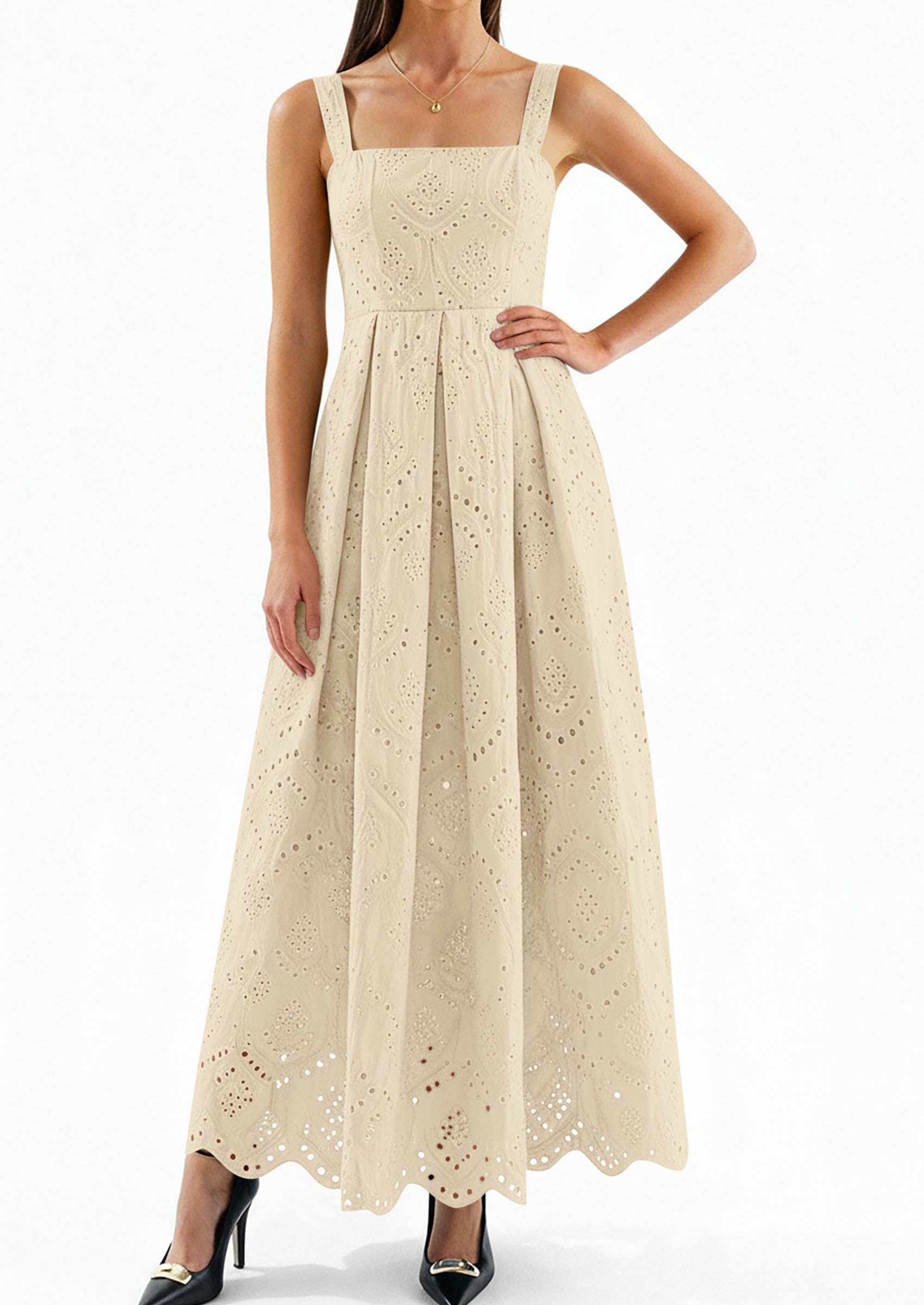 PRETTYGARDEN Womens Sleeveless Maxi Summer Dresses Hollow Out Eyelet Square Neck Ruffle Flowy Beach Vacation Sundress PRETTYGARDEN