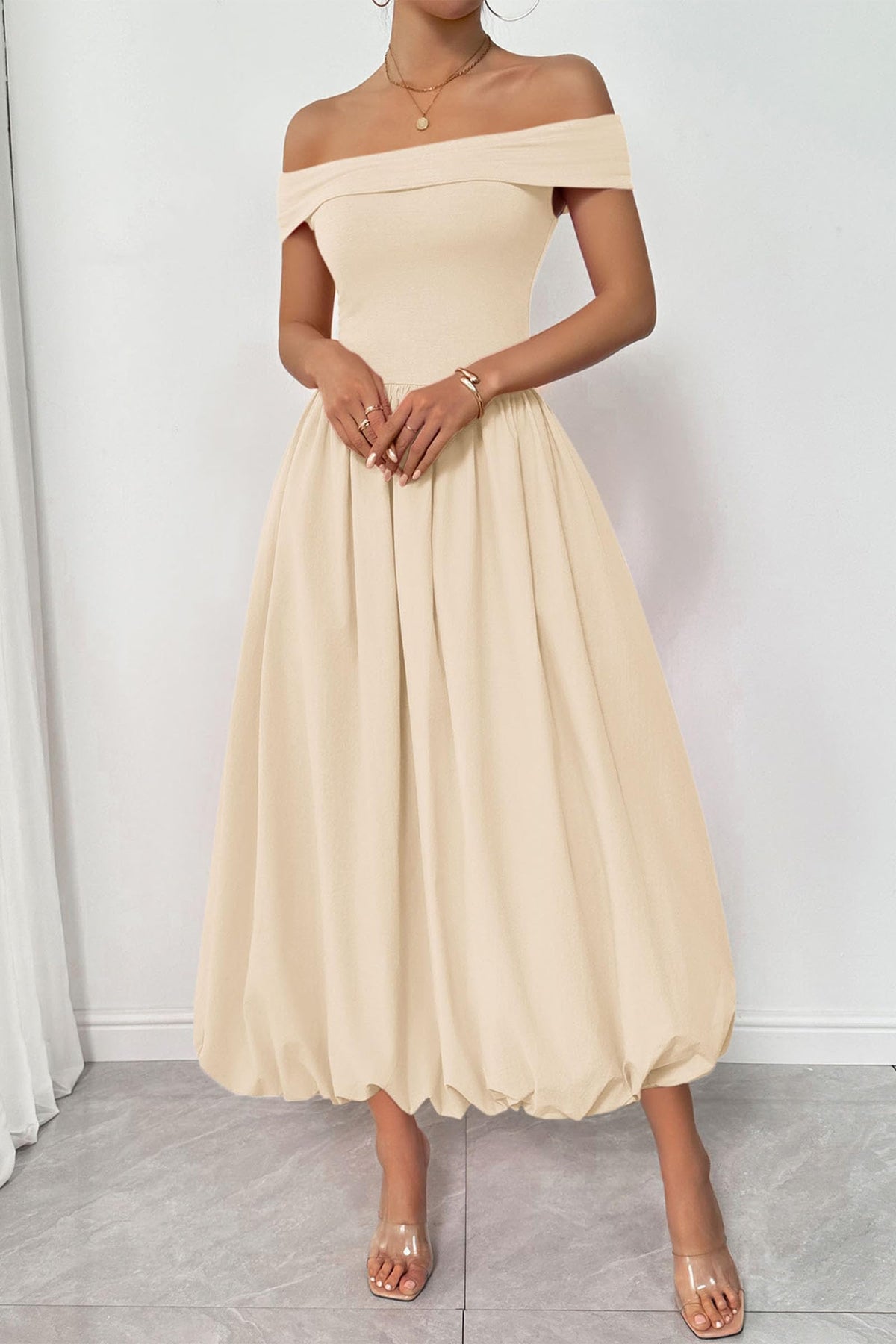 Womens Summer Off Shoulder Sleeveless Midi Dress Cocktail A Line Flowy Wedding Guest Dresses with Pockets