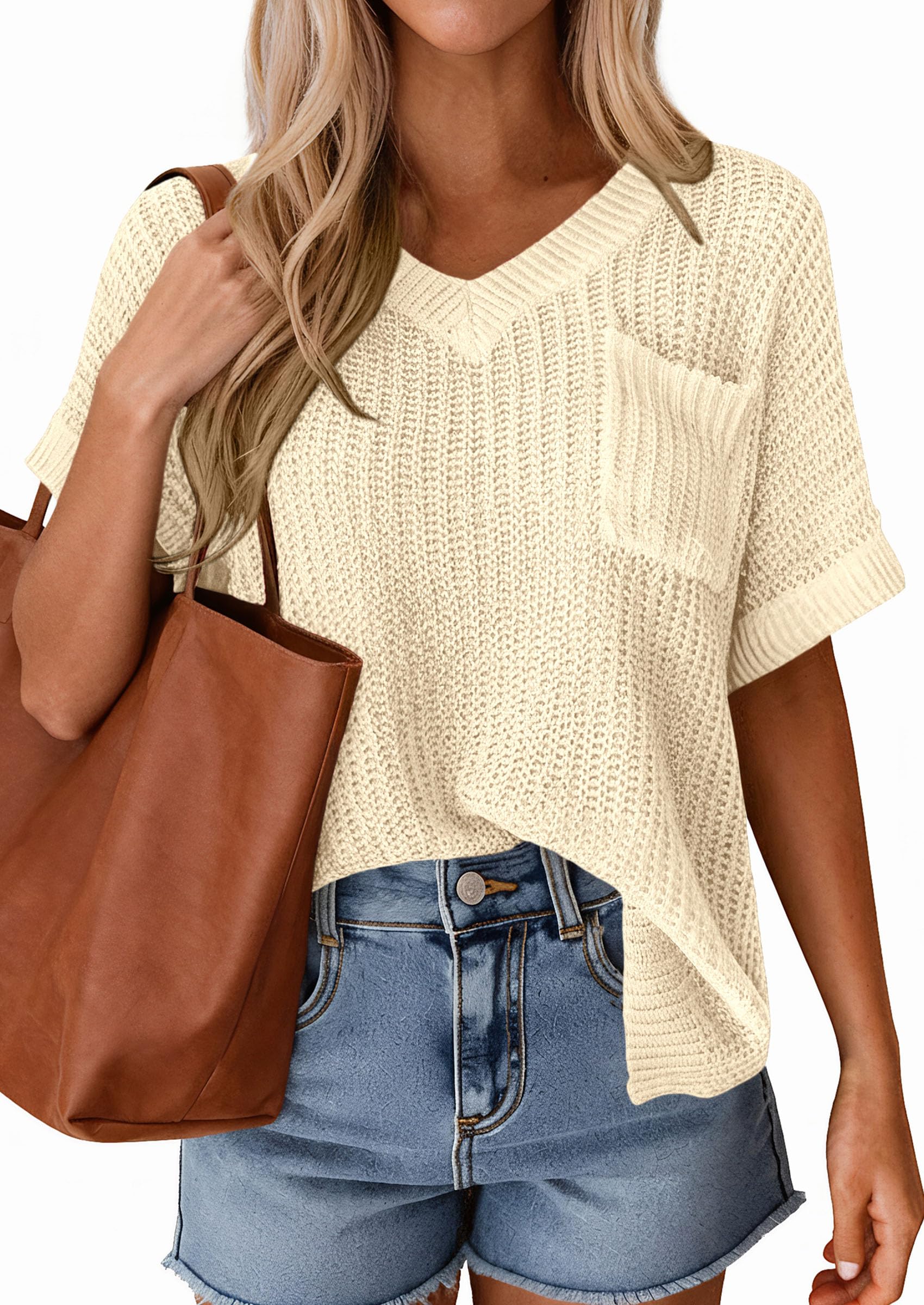 PRETTYGARDEN Women's Spring Short Sleeve Sweaters Lightweight V Neck Casual Going Out Summer T PRETTYGARDEN