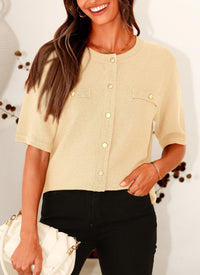 Summer Button Down Shirts Casual Short Sleeve Crew Neck Ribbed Knit Blouse Top Cardigans