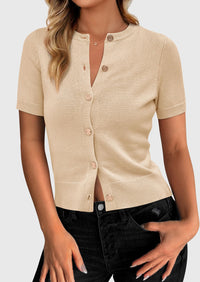 PRETTYGARDEN Womens Casual Summer Short Sleeve Cardigans Button Down Knitted Sweater Basic Crew Neck Crop Tops