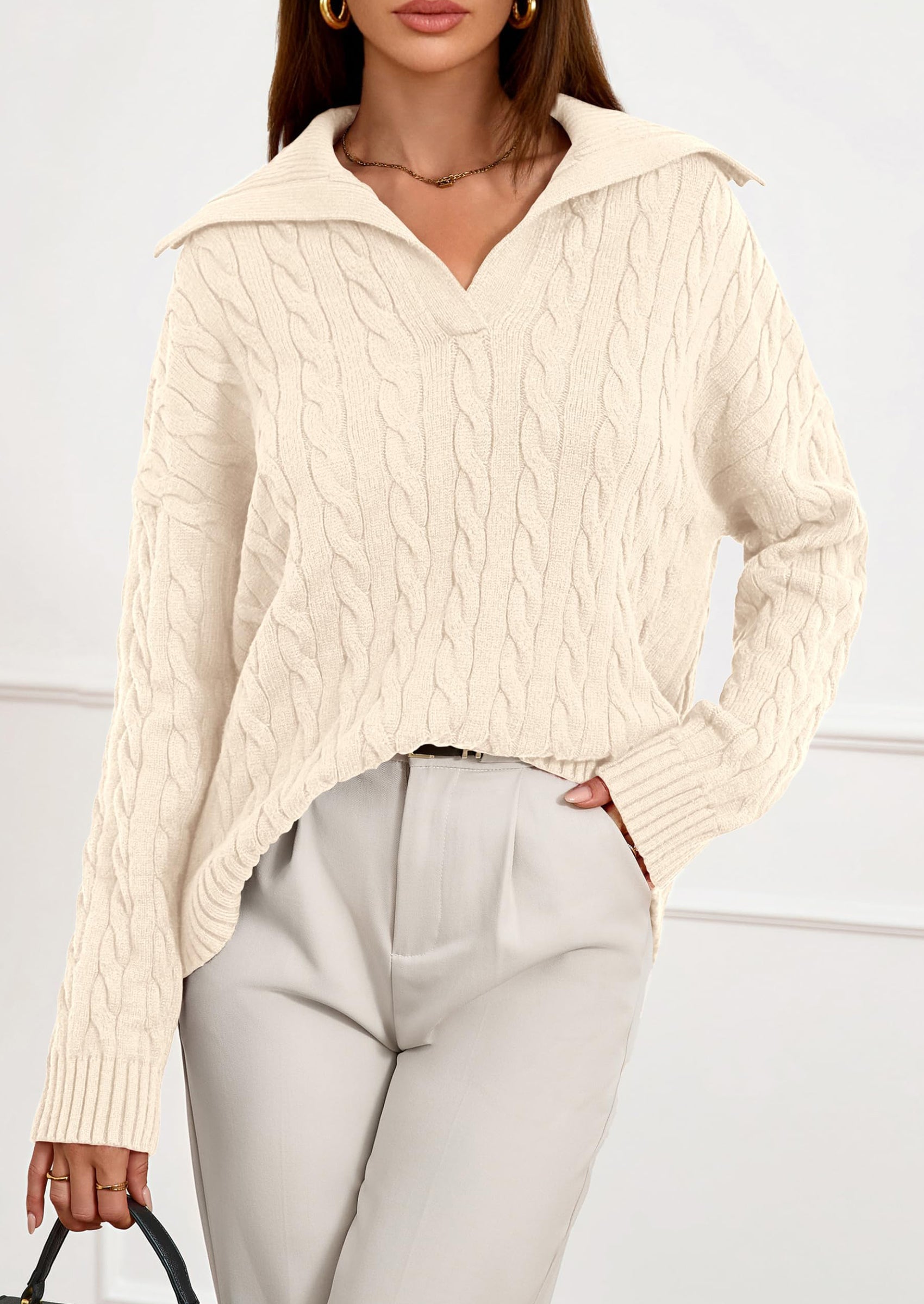 PRETTYGARDEN Fall Cable Knit Oversized Sweaters for Women Polo V Neck Long Sleeve Casual Chunky Sweater Pullover Tops PRETTYGARDEN