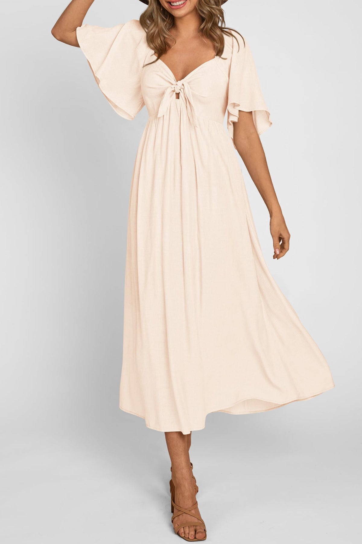 Casual Short Sleeve Bow Tie V Neck Ruffle Midi Flowy Dresses