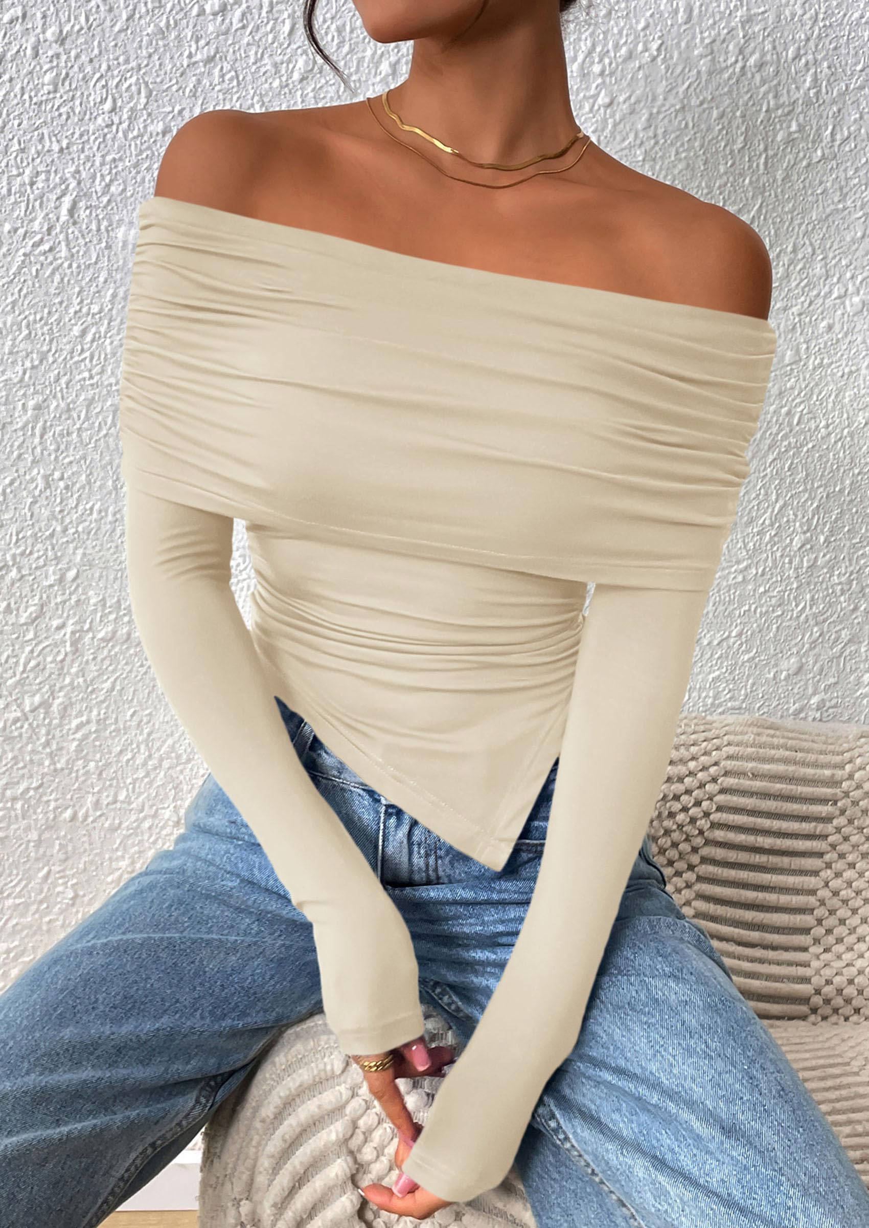 PRETTYGARDEN Women's Long Sleeve Shirts Off Shoulder Tops Going Out Slim Fitted Y2K Blouses Fall Fashion Clothes