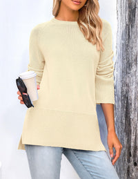 Women's Fall Knit Sweaters Long Sleeve Pullover Crewneck Split Hem Loose Oversized Tunic Sweater Top