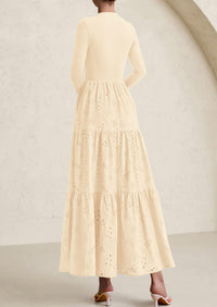 PRETTYGARDEN Long Sleeve Dress for Women Fall Eyelet Mock Neck A Line Elegant Classy Maxi Wedding Guest Dresses Pockets