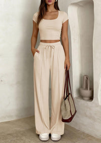 PRETTYGARDEN Women's 2 Piece Matching Lounge Sets Ribbed Short Sleeve Crop Tops Wide Leg Pants Summer Airport Outfits PRETTYGARDEN