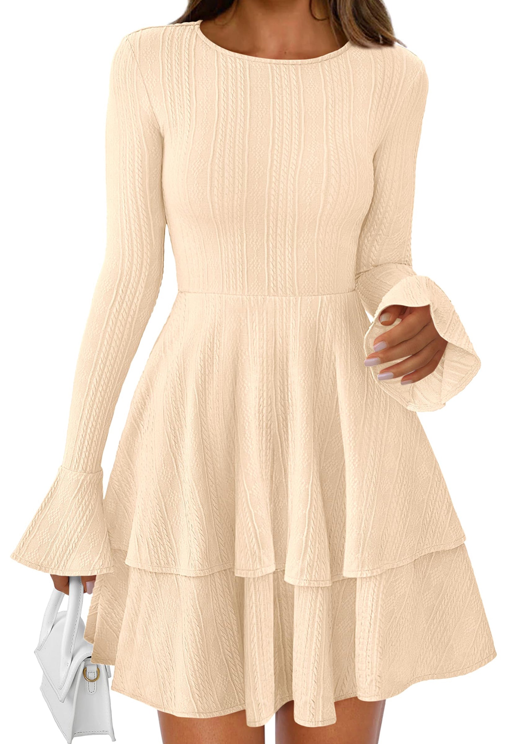 PRETTYGARDEN Womens Spring Fashion Long Bell Sleeve Mini Sweater Dress Casual Crewneck A Line Knit Short Cocktail Dresses - PRETTYGARDEN