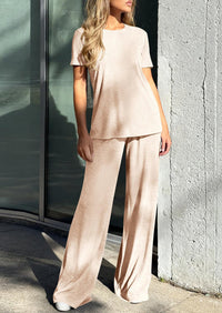 PRETTYGARDEN Summer Lounge Sets for Women 2 Piece Short Sleeve Crewneck Cute Tops and Wide Leg Pants with Pockets Pj Set PRETTYGARDEN