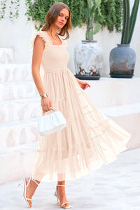 Summer Casual Sleeveless Smocked Ruffle Tulle Flowy Beach Sundress