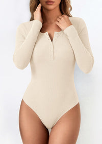 PRETTYGARDEN Long Sleeve Bodysuits for Women Ribbed Knit Henley Button Up Slim Fitted Basic Tops Winter Fashion Clothing PRETTYGARDEN