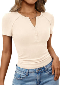 PRETTYGARDEN Womens Summer Short Sleeve Tops 2026 Spring Casual V Neck Henley Button Up T Shirts Dressy Ribbed Knit Blouses PRETTYGARDEN