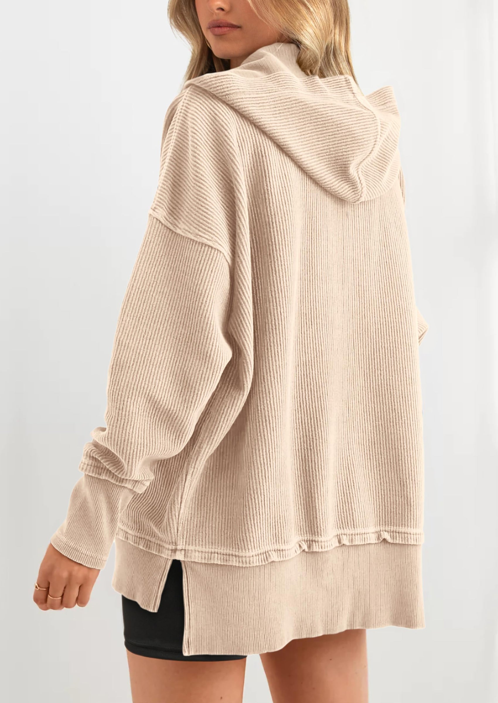 PRETTYGARDEN Womens Fashion Oversized Long Sleeve Hoodie Button Down V Neck Sweatshirt Side Slit Casual Pullover Tops