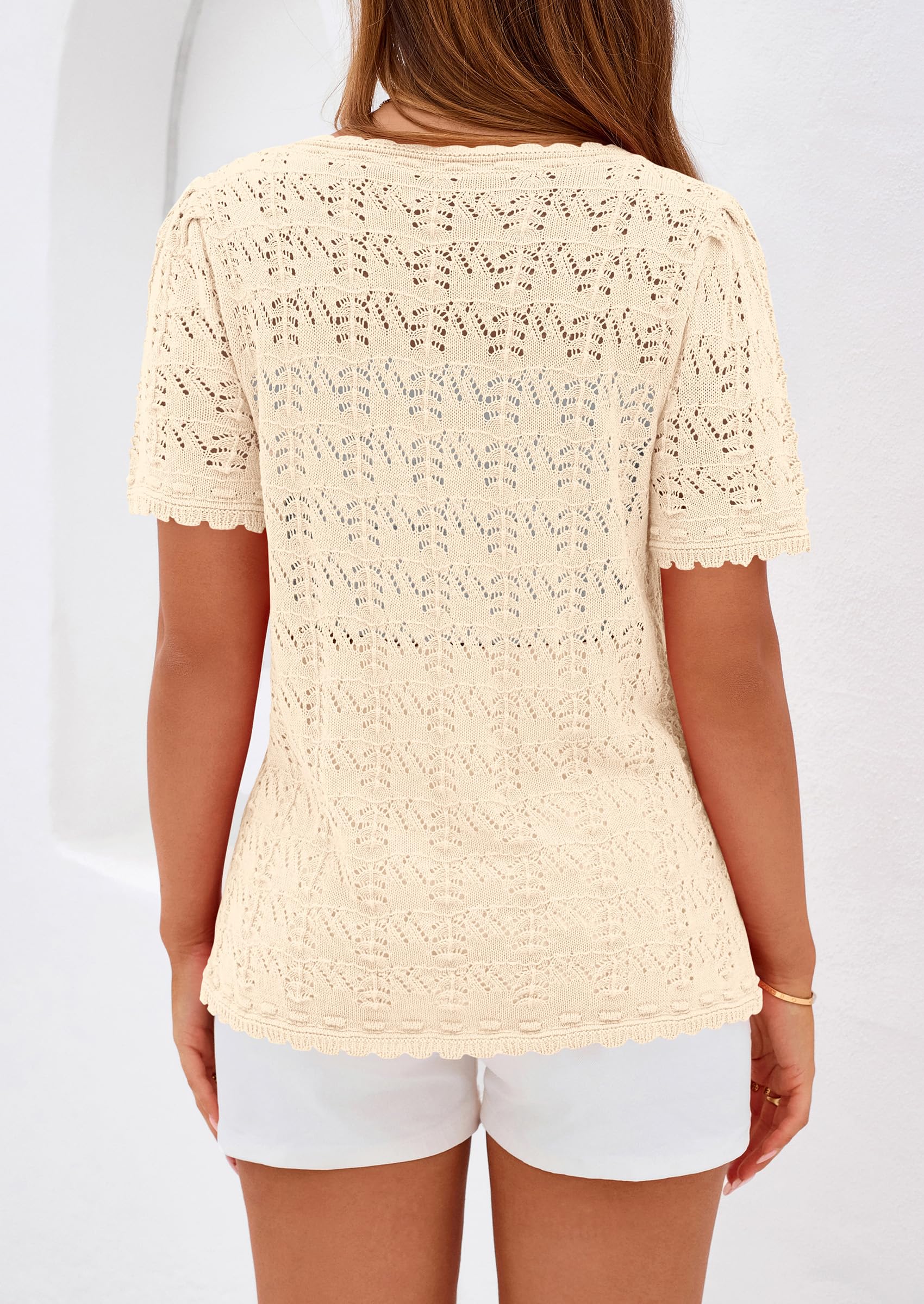 PRETTYGARDEN Women's Short Sleeve Sweater Trendy Crochet Summer Tops Casual Hollow Out Shirts Beach Vacation Clothes PRETTYGARDEN