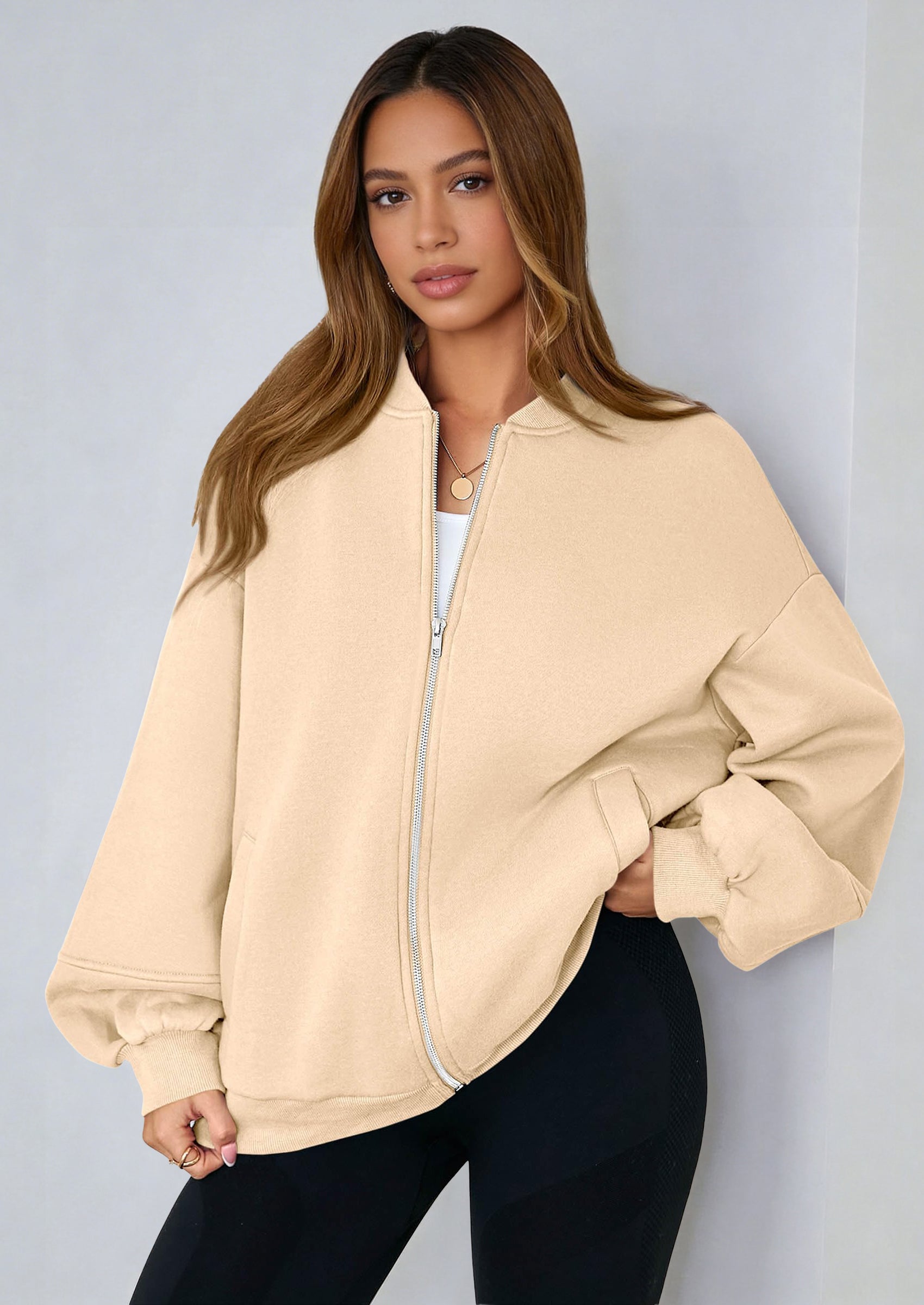 KIRUNDO Oversized Sweatshirt for Women Zip Up Bomber Jacket Fall Fashion Casual Long Sleeve Outerwear Winter Outfits