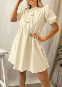 Womens Summer Casual Short Sleeve Dresses A Line Bow Tie Front Babydoll Loose Cute Mini Dress with Pockets