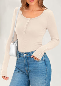 Women's 2025 Spring Long Sleeve Henley  Ribbed Knit Button Up Slim Fitted Basic Casual Going Out T-shirts