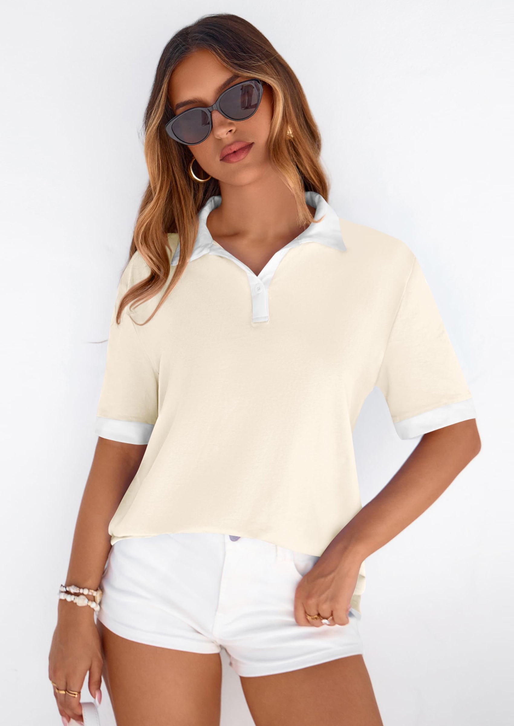 PRETTYGARDEN Summer Short Sleeve Polo Shirts for Women Collared V Neck Work Dressy Tops Knit Loose Business Casual Outfits PRETTYGARDEN