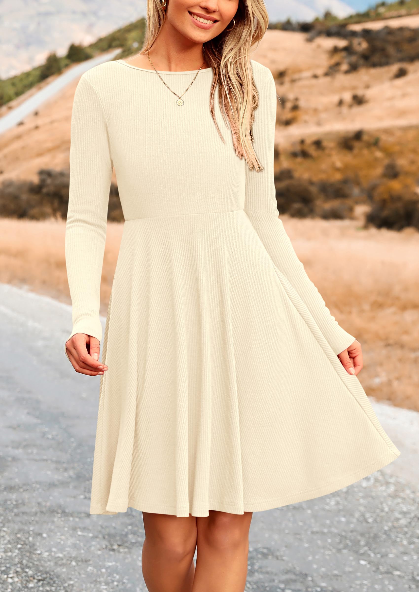 PRETTYGARDEN Women's Spring Fall Short Dress Ribbed Knit Crewneck Long Sleeve A Line Flowy Casual Elegant Going Out Dresses