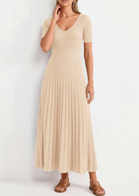 PRETTYGARDEN Women's Spring Midi Sweater Dresses Elegant Pleated Ribbed Knit Short Sleeve V Neck A Line Summer Outfits PRETTYGARDEN