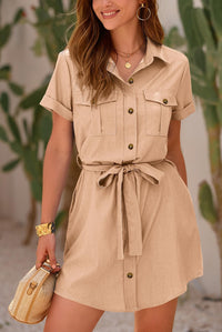 Casual Summer Short Sleeve Button Down V Neck Collared Belted Pocket Dresses