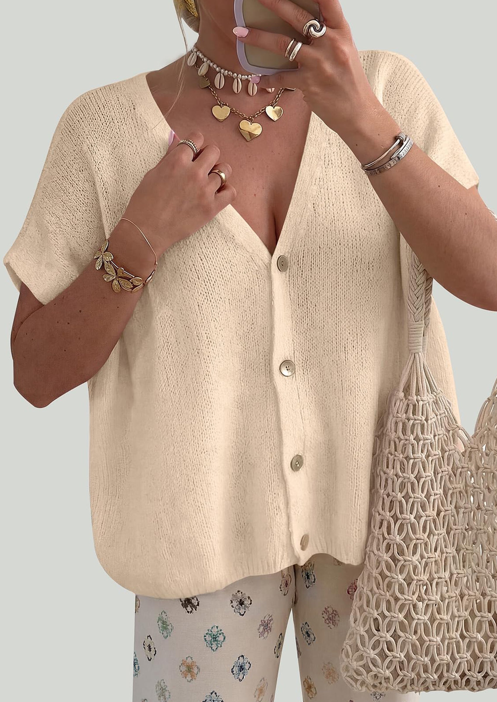 PRETTYGARDEN Batwing Short Sleeve Summer Cardigan Sweaters for Women Lightweight V Neck Button Oversized Sweater Tops PRETTYGARDEN