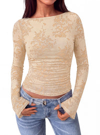 PRETTYGARDEN Women's Bell Sleeve Floral Mesh Crop Tops | Slim Fitted Shirts, Long Sleeve Going Out Top, Ruched Front, Boat Neck, Casual Blouses, Fall Date Night Outfits, Y2K Clothes