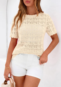 PRETTYGARDEN Women's Short Sleeve Sweater Trendy Crochet Summer Tops Casual Hollow Out Shirts Beach Vacation Clothes PRETTYGARDEN