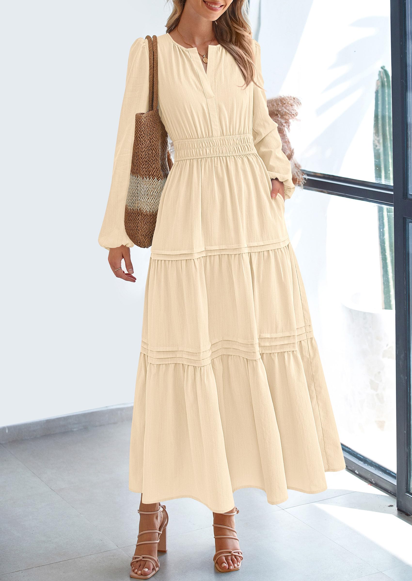 PRETTYGARDEN Women's Elegant Maxi Dresses Long Sleeve V Neck Flowy Pockets Casual Modest Dress Fall Fashion Clothes