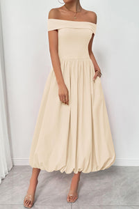 Womens Summer Off Shoulder Sleeveless Midi Dress Cocktail A Line Flowy Wedding Guest Dresses with Pockets