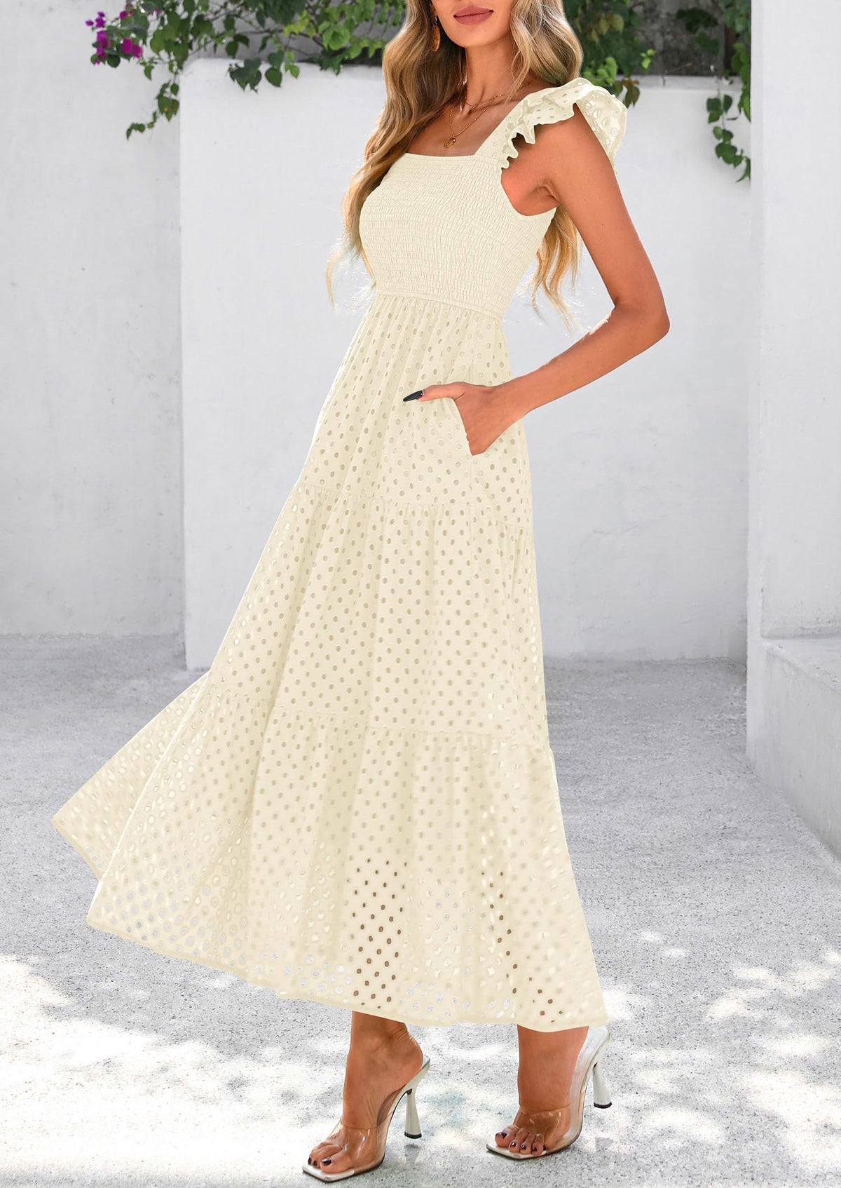 Womens Summer Square Neck Maxi Dresses Cap Sleeve Eyelet Smocked Tiered A Line Flowy Long Dress with Pockets