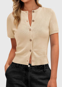 PRETTYGARDEN Womens Casual Summer Short Sleeve Cardigans Button Down Knitted Sweater Basic Crew Neck Crop Tops