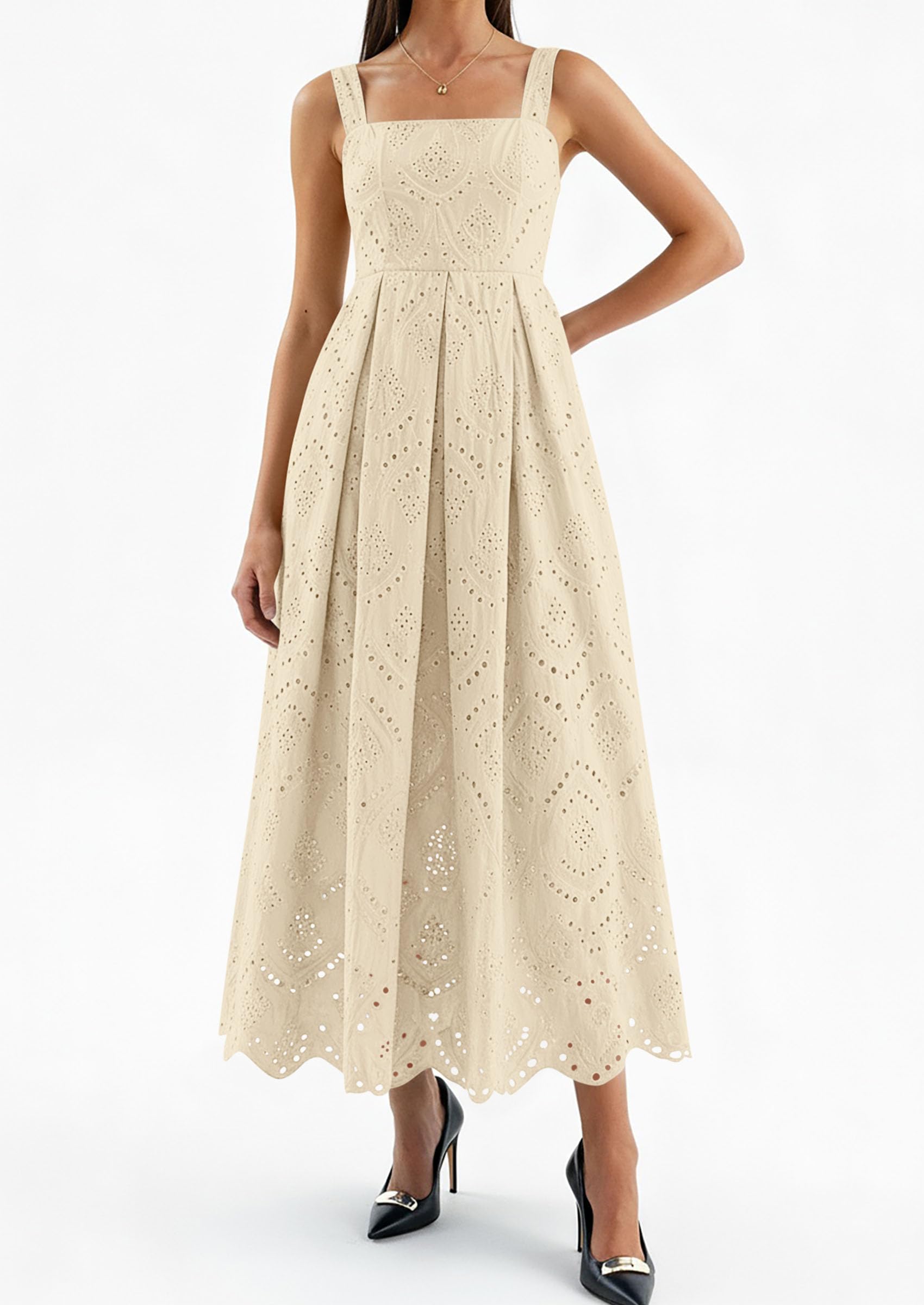 PRETTYGARDEN Womens Sleeveless Maxi Summer Dresses Hollow Out Eyelet Square Neck Ruffle Flowy Beach Vacation Sundress PRETTYGARDEN