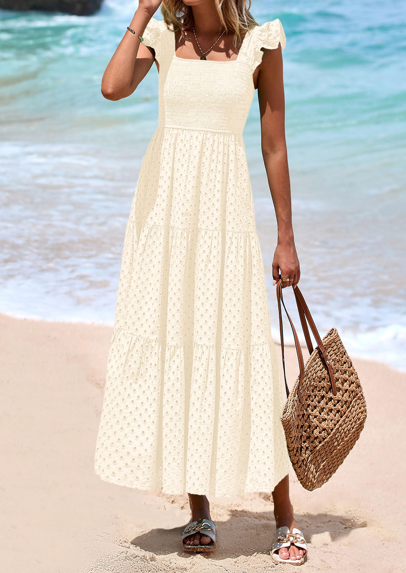 PRETTYGARDEN Womens Square Neck Maxi Dresses Cap Sleeve Eyelet Smocked Tiered A Line Flowy Long Dress with Pockets