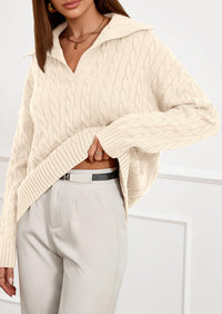 PRETTYGARDEN Fall Cable Knit Oversized Sweaters for Women Polo V Neck Long Sleeve Casual Chunky Sweater Pullover Tops PRETTYGARDEN