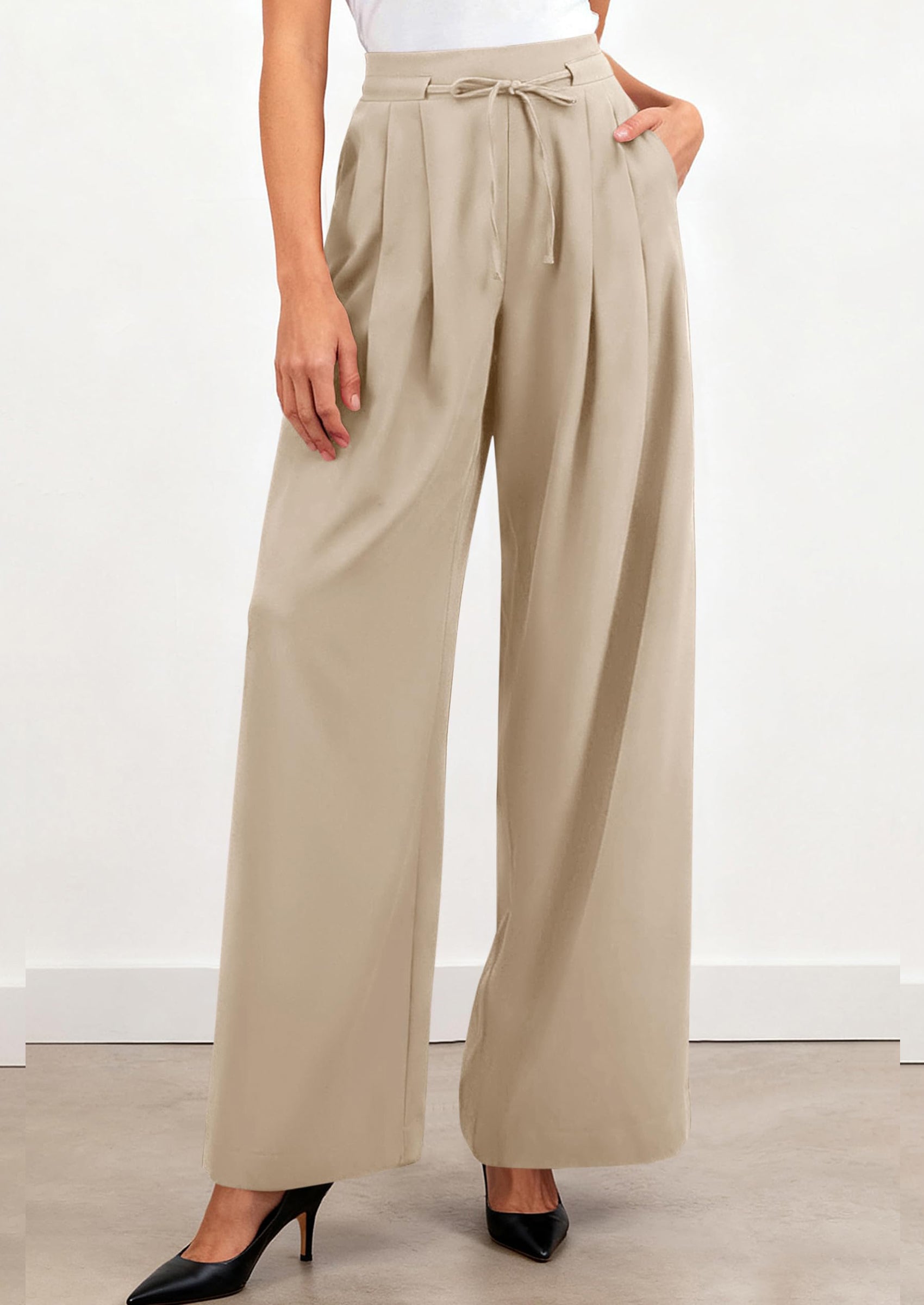 PRETTYGARDEN Women Wide Leg Pants Business Casual Elastic Waist Work Trousers Dressy Pants with Pockets PRETTYGARDEN