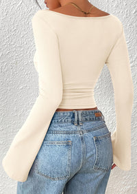 PRETTYGARDEN Women's Long Sleeve Shirts Fall Going Out Tops Casual Boat Neck Bell Sleeve Ribbed Ruched Y2K Clothes