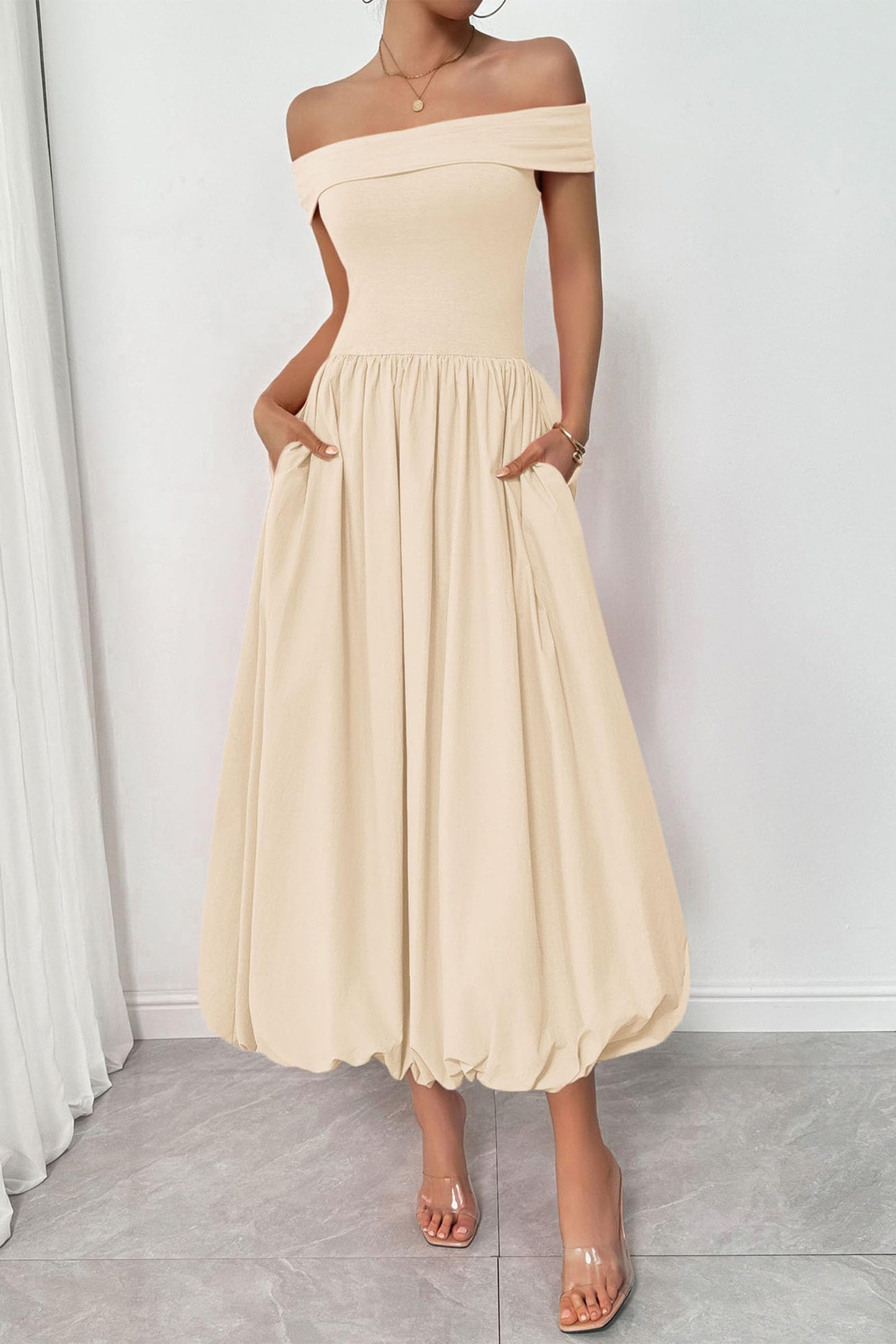 Womens Summer Off Shoulder Sleeveless Midi Dress Cocktail A Line Flowy Wedding Guest Dresses with Pockets