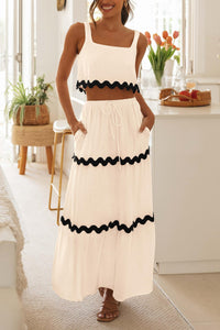 2 Piece Summer Casual Sleeveless Cropped Tank Top High Waisted Maxi Skirt Set