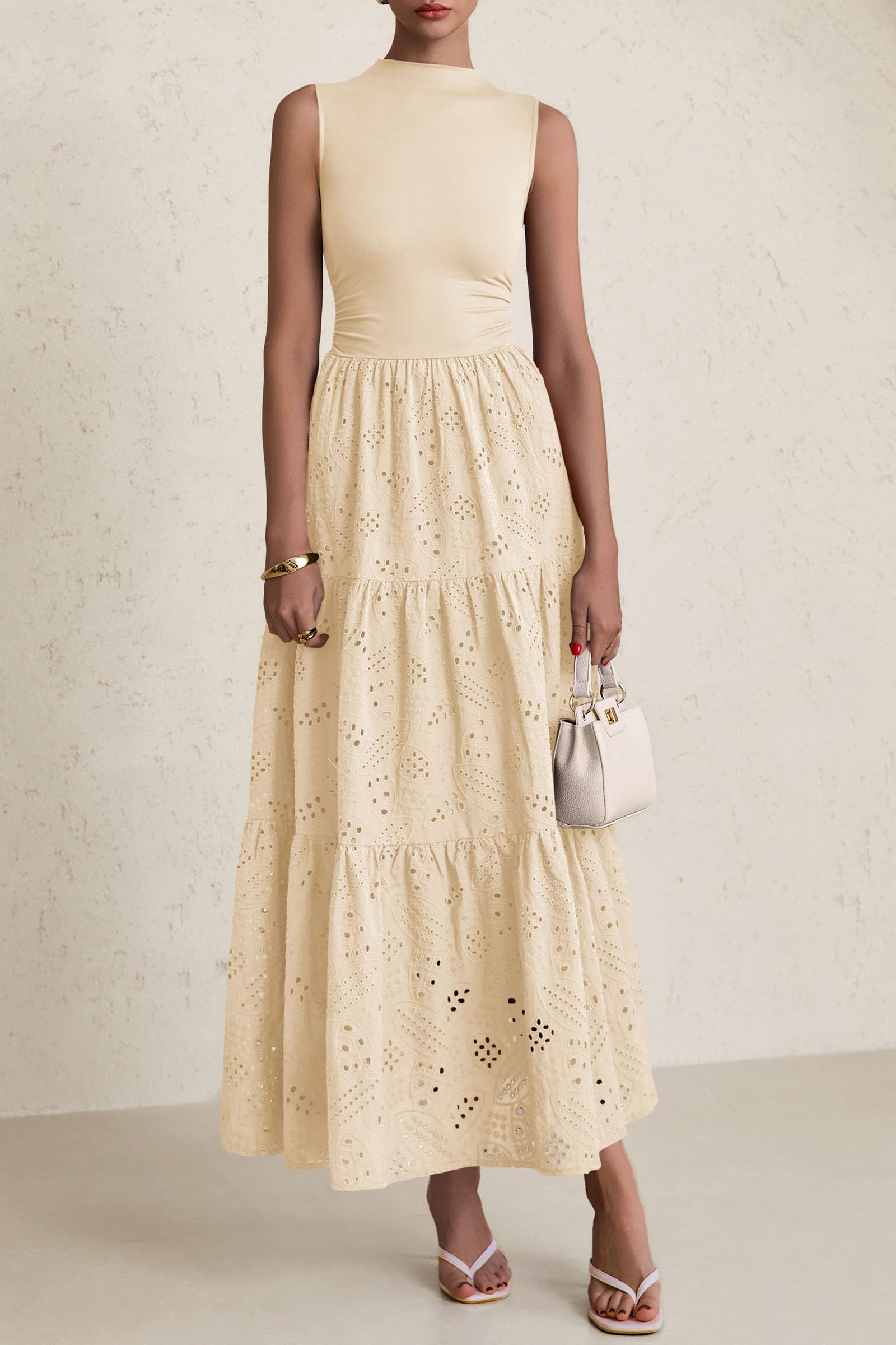 PRETTYGARDEN Dresses for Women Casual Eyelet Sleeveless Wedding Guest Maxi Dress Tank Top Sundress with Pockets