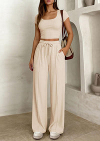 PRETTYGARDEN Women's 2 Piece Matching Lounge Sets Ribbed Short Sleeve Crop Tops Wide Leg Pants Summer Airport Outfits PRETTYGARDEN