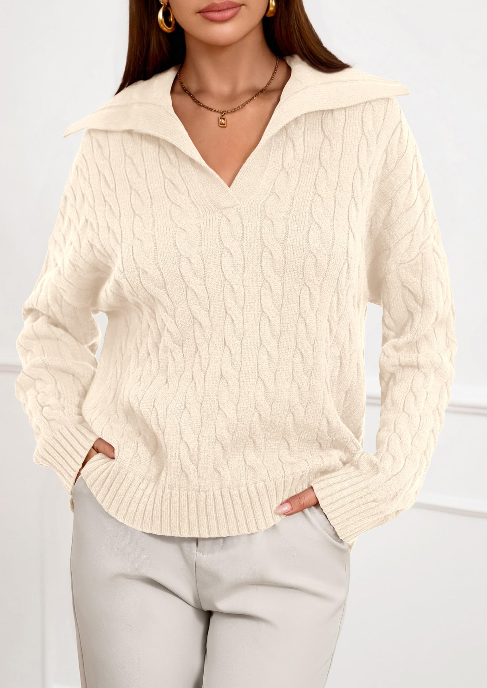 PRETTYGARDEN Fall Cable Knit Oversized Sweaters for Women Polo V Neck Long Sleeve Casual Chunky Sweater Pullover Tops PRETTYGARDEN