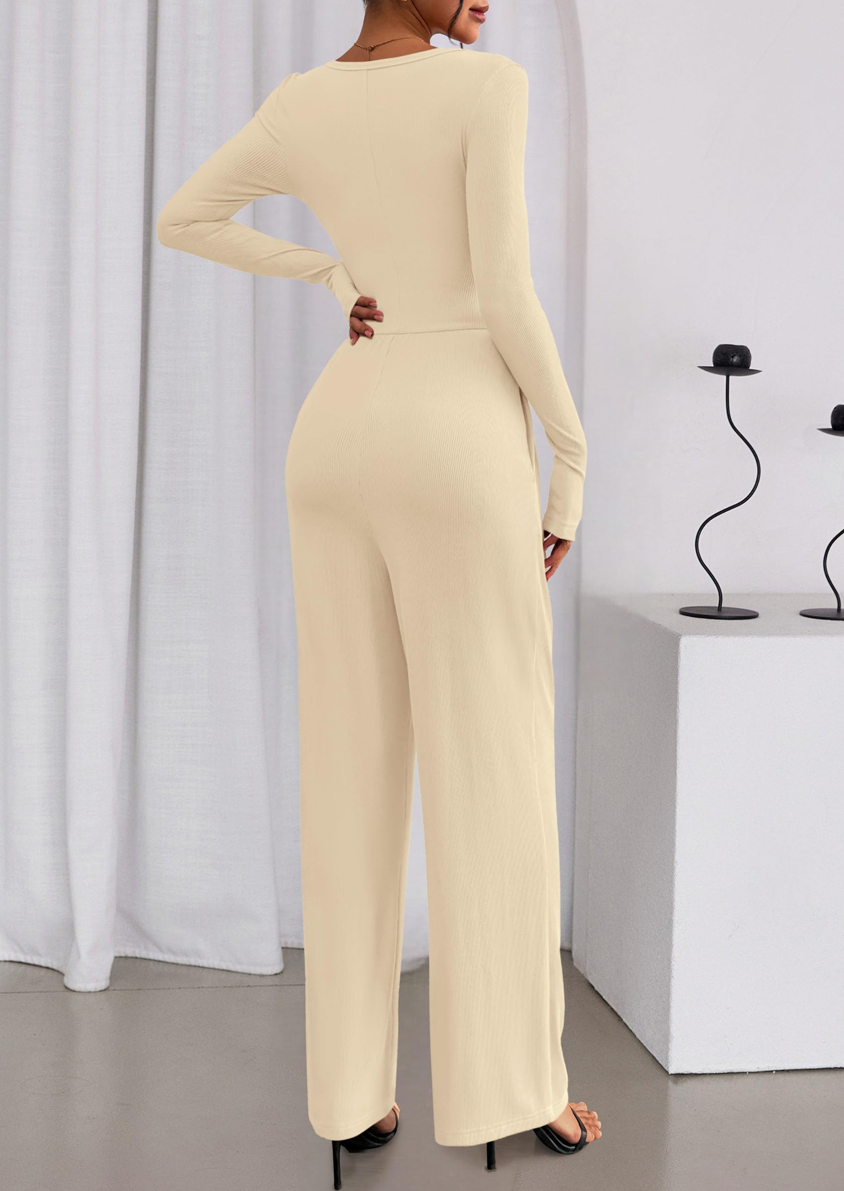 PRETTYGARDEN Jumpsuits for Women Dressy Casual Fall One Piece Outfits Long Sleeve Crew Neck Wide Leg Pants Rompers