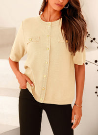 Summer Button Down Shirts Casual Short Sleeve Crew Neck Ribbed Knit Blouse Top Cardigans