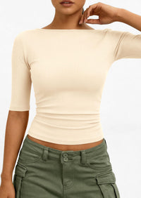 PRETTYGARDEN Womens Summer Short Sleeve Tops Boat Neck Ribbed Knit Slim Fit T Shirt Casual Basic Top Spring Clothes PRETTYGARDEN