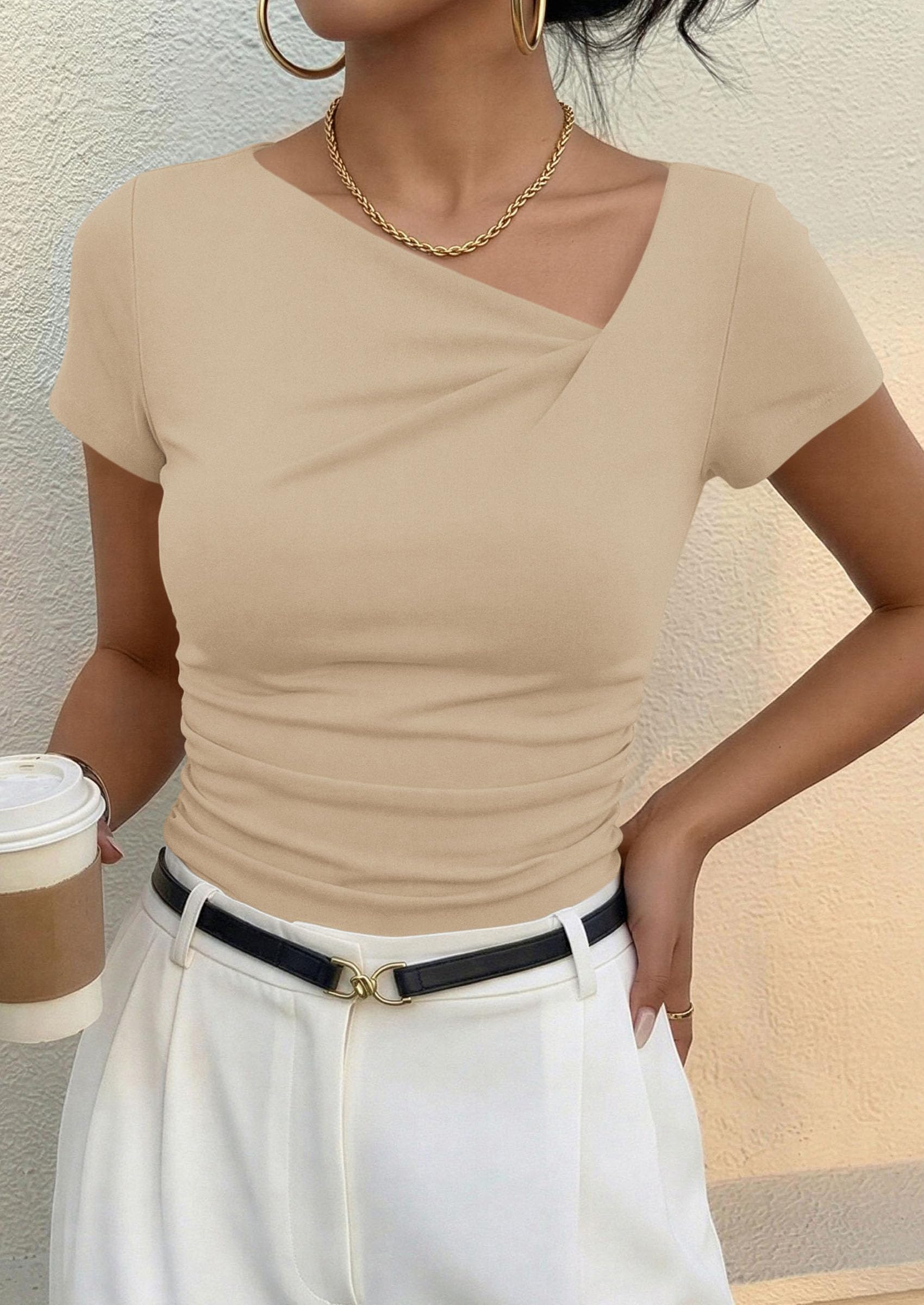 PRETTYGARDEN Women's Summer Asymmetrical Y2K Tops Trendy Ribbed Short Sleeve Fitted Tee Shirts Spring Fashion Clothing PRETTYGARDEN