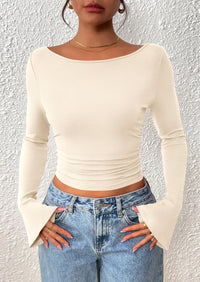 PRETTYGARDEN Women's Long Sleeve Shirts Fall Going Out Tops Casual Boat Neck Bell Sleeve Ribbed Ruched Y2K Clothes