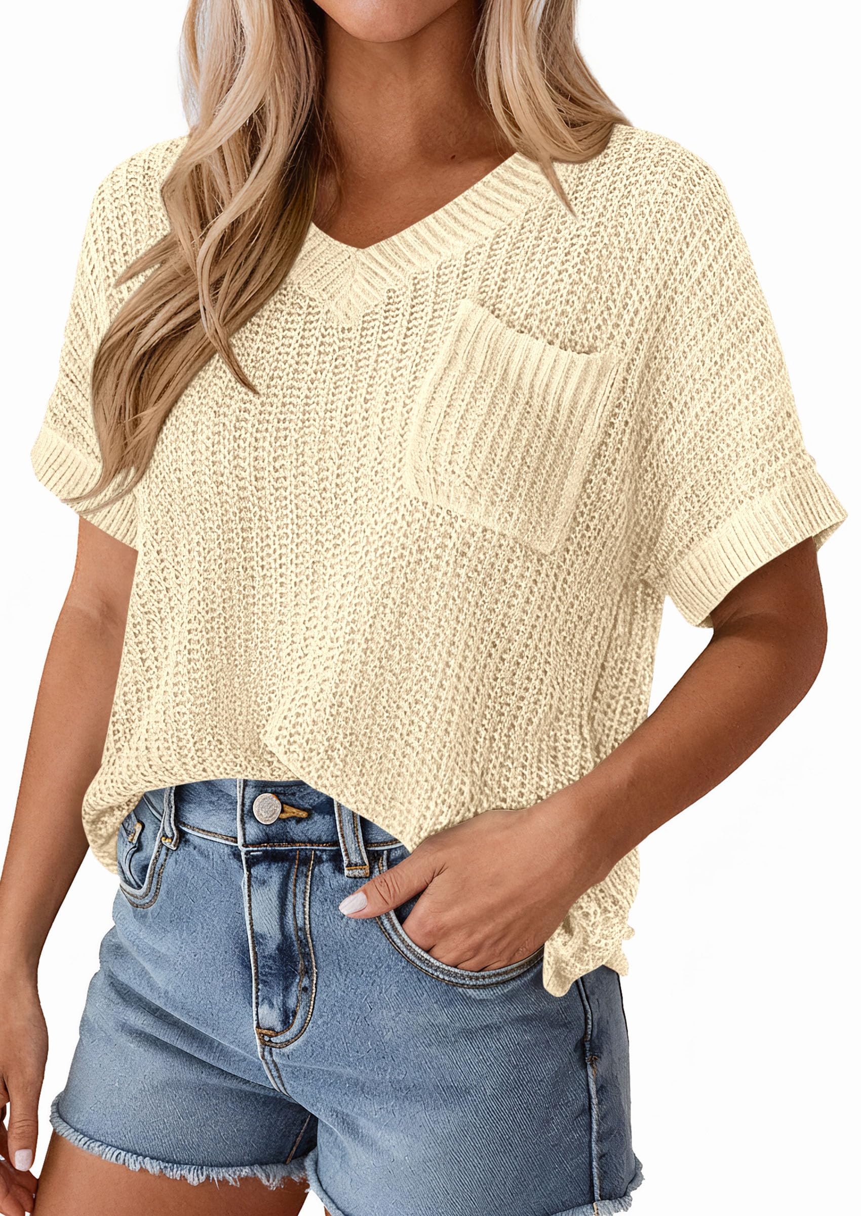 PRETTYGARDEN Women's Spring Short Sleeve Sweaters Lightweight V Neck Casual Going Out Summer T PRETTYGARDEN