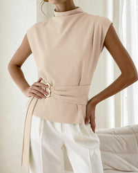 PRETTYGARDEN Women Blouses Spring Dressy Cap Sleeve Mock Neck Work Shirts Buckle Tunic Summer Business Casual Tops PRETTYGARDEN