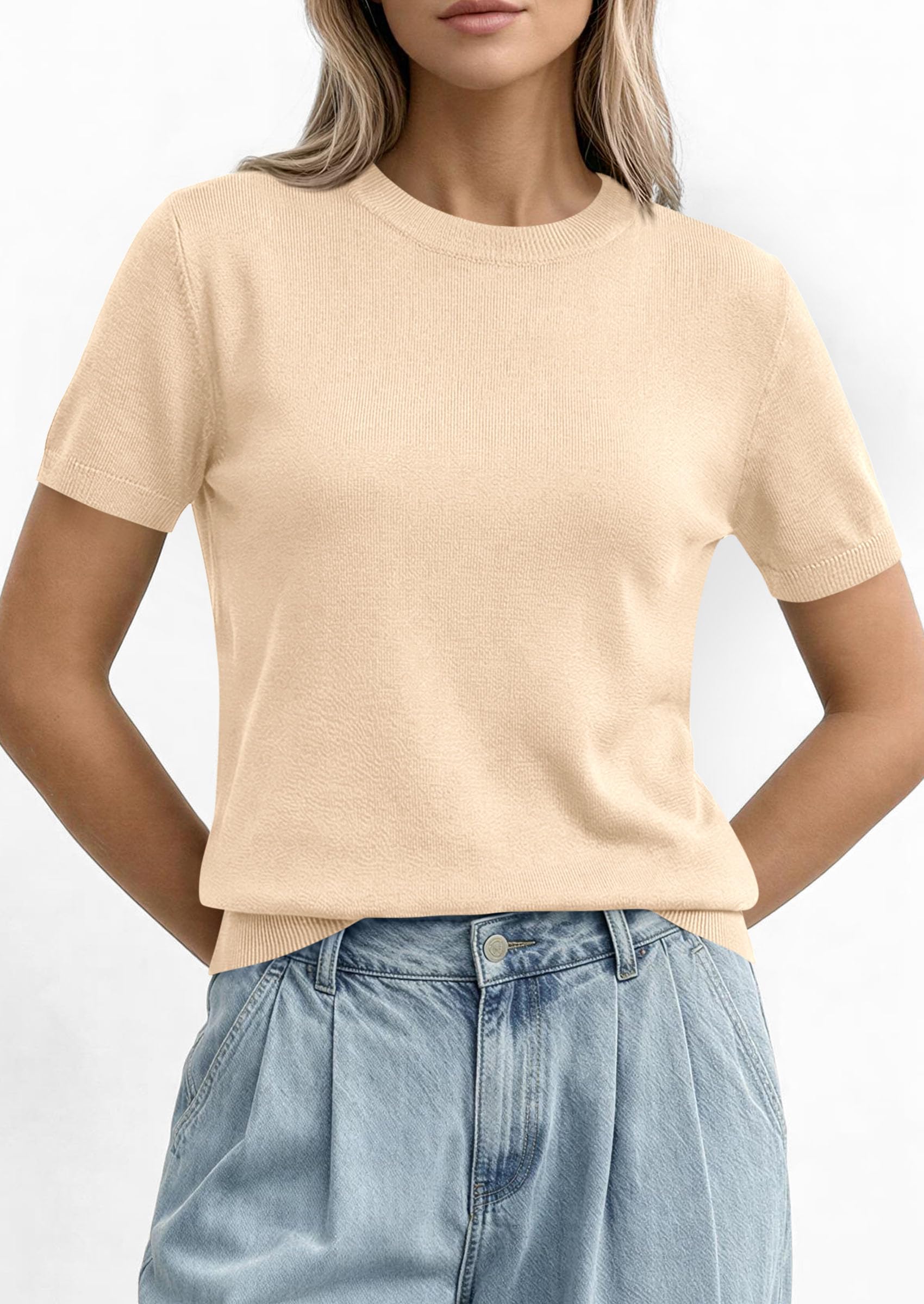 PRETTYGARDEN Women's Short Sleeve Sweaters Spring Crew Neck Knit Work Shirts Business Casual Tops Summer Fashion Clothes PRETTYGARDEN